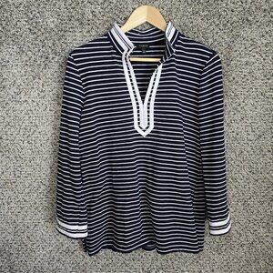 Talbots Top Womens Medium Navy Blue Striped V Neck Tunic Terry Casual Ladies